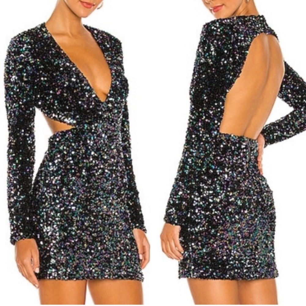 Bardot NWT Jenny Black Electric Sequin Open Back Long Sleeve Dress Size 8/Medium